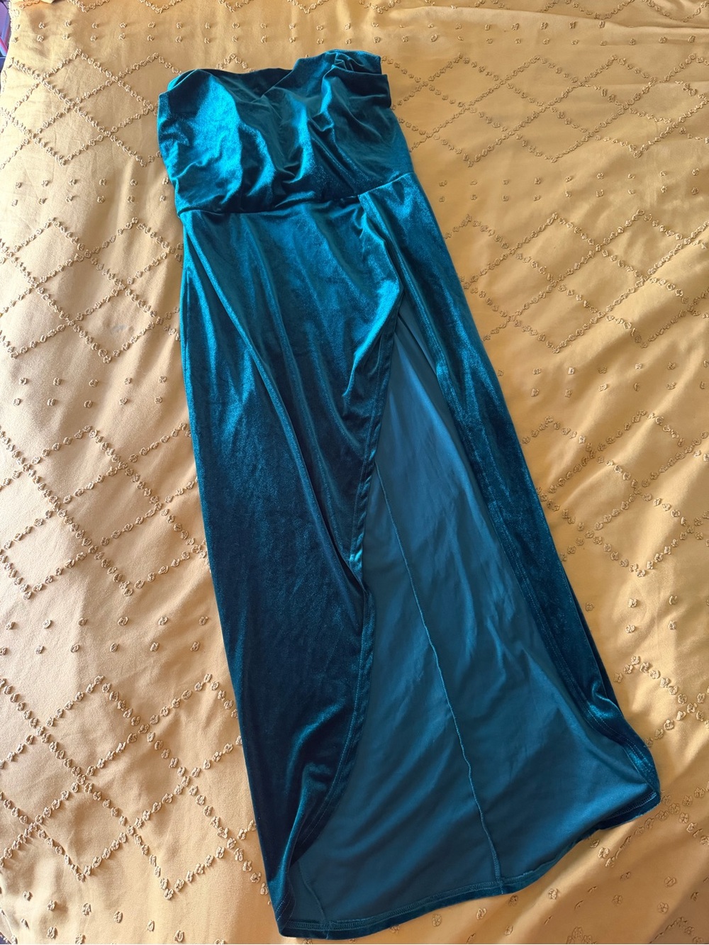 Strapless Dark Green Velvet Gown with Front Slit